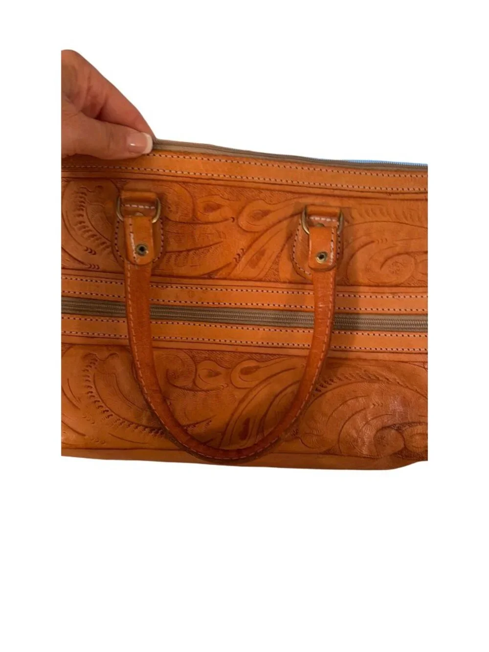 Vintage Womens Rectangular Hand-tooled Leather Handbag Top Handles Tan Western
